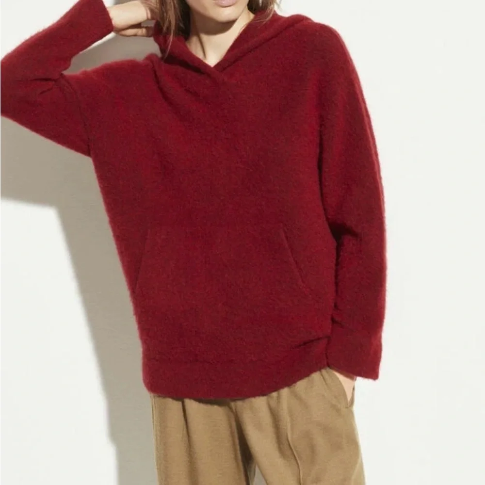 Vince Italy Wool Alpaca Blend Fuzzy Hooded Sweater Cherry Red Oversized XS